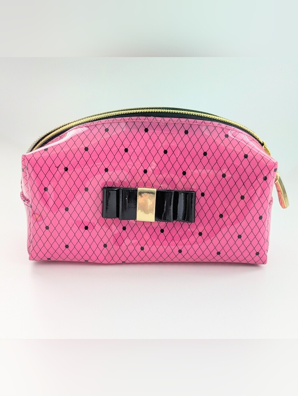 Hot Pink Polka Dot Cosmetic/Make-Up/Travel Pouch/Bag w/Gold Zipper & Bow Accent